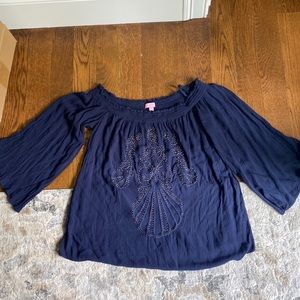 Lilly Pulitzer navy 3/4 sleeve top with gold bead embellishment